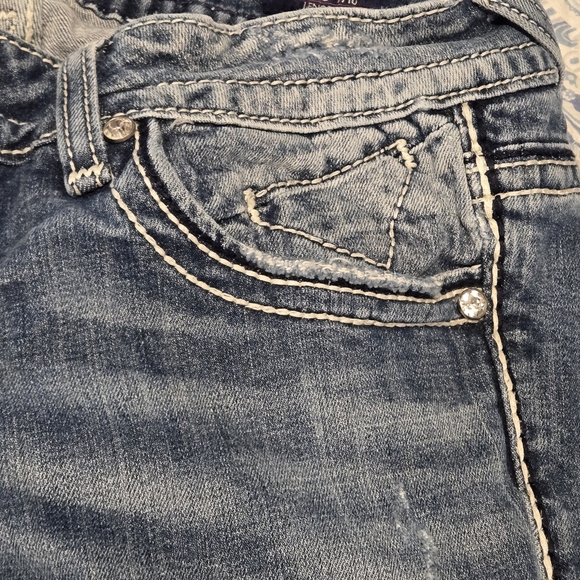 Y2K VIGOSS The Dublin Capri Jeans 9/10 Blue Embellished Rhinestone Bling Denim - Picture 5 of 16